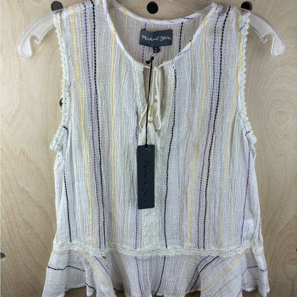 Michael Stars White Deep V  Neck Tasseled Striped Peplum Flounce Tank Top Size S - Picture 4 of 11